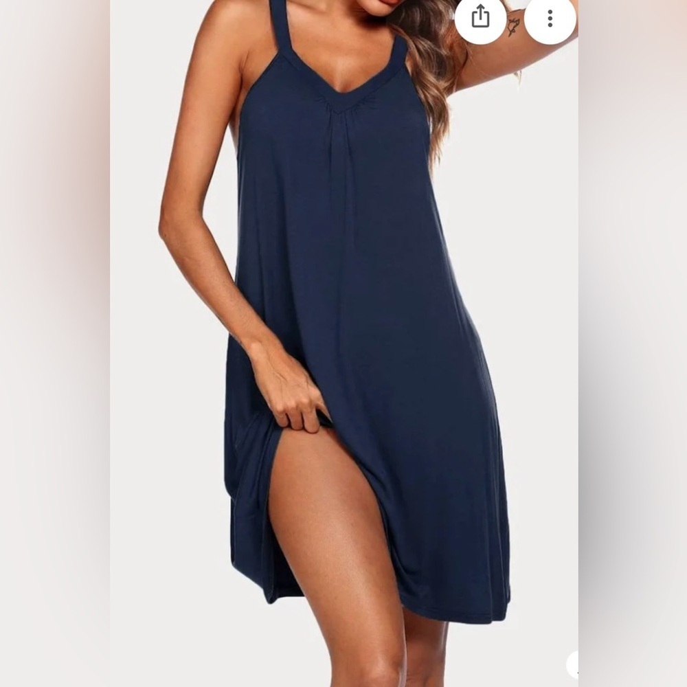 Ekouaer Sleeveless V Neck , On knee dress  navy blue.